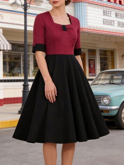 Square Neck Gingham Patchwork Retro Swing Dress