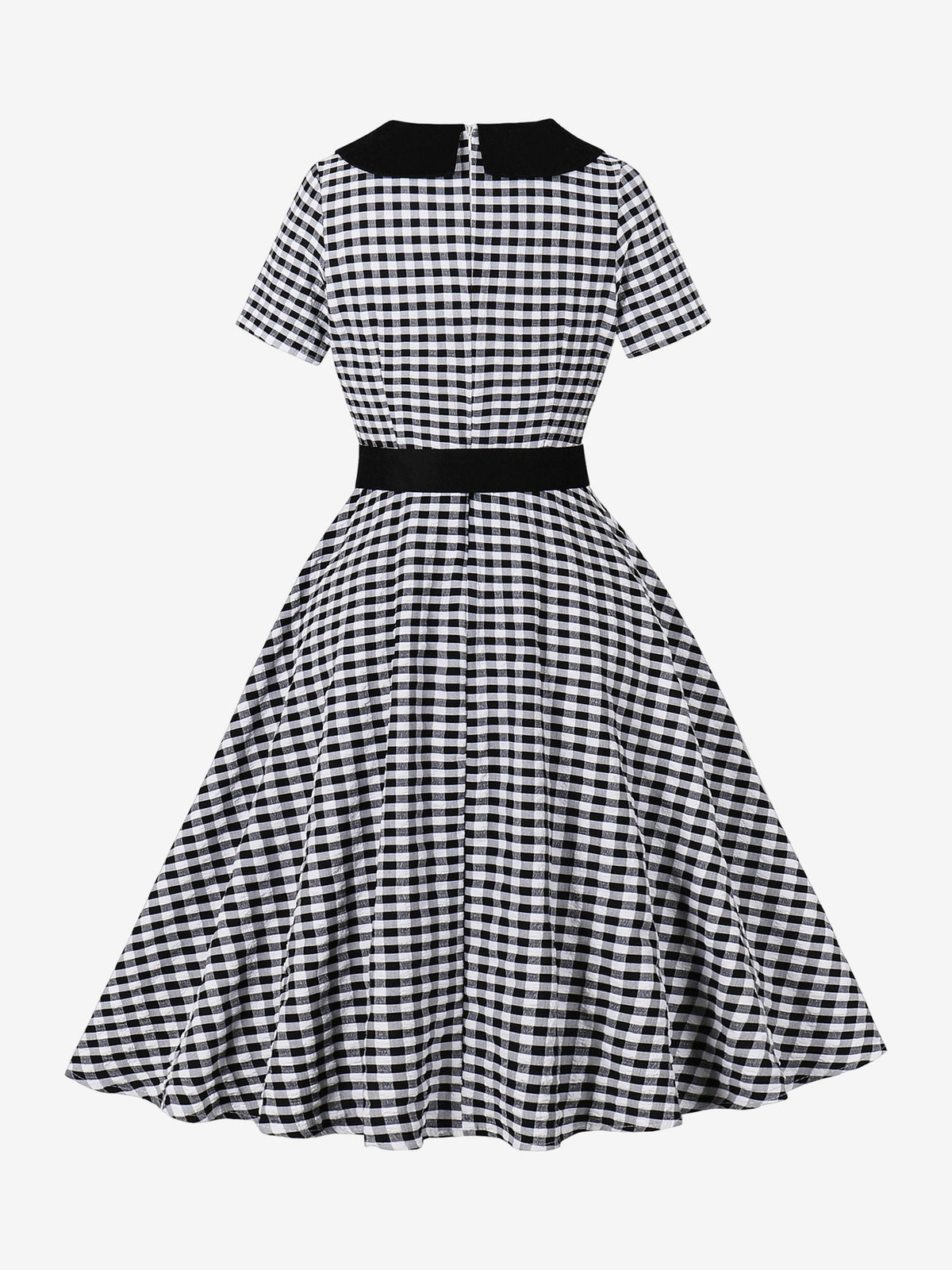 Colorblock Gingham Short Sleeve Belted Retro Swing Dress