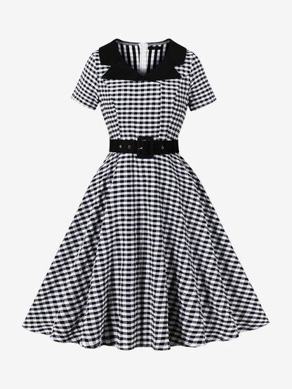Colorblock Gingham Short Sleeve Belted Retro Swing Dress