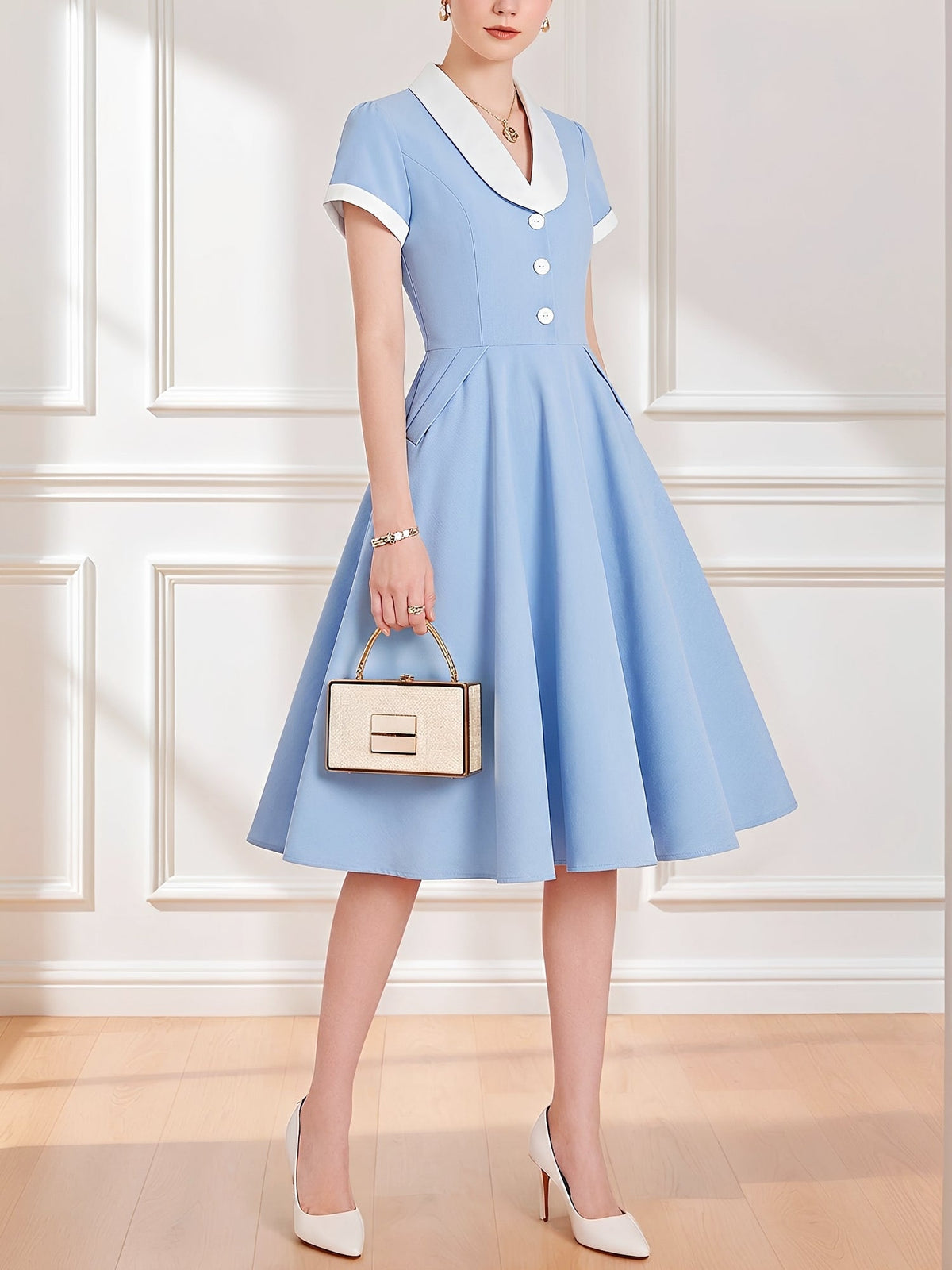 Colorblock Short Sleeves Retro Style Midi Swing Dress