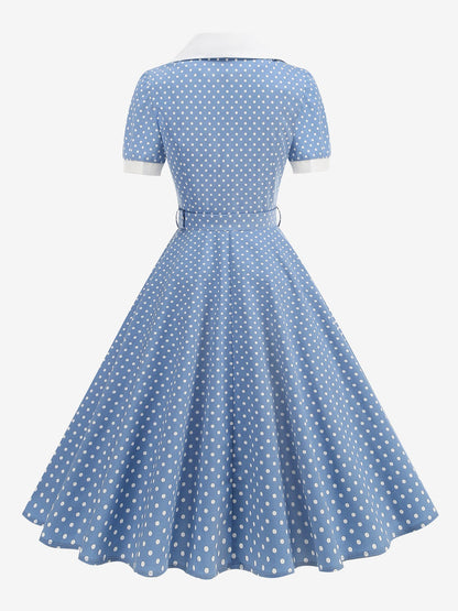 Polka Dots Lapel Button Down Belted Midi Swing Dress
