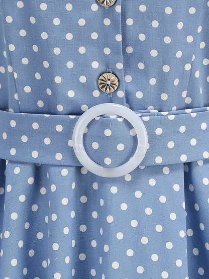 Polka Dots Lapel Button Down Belted Midi Swing Dress