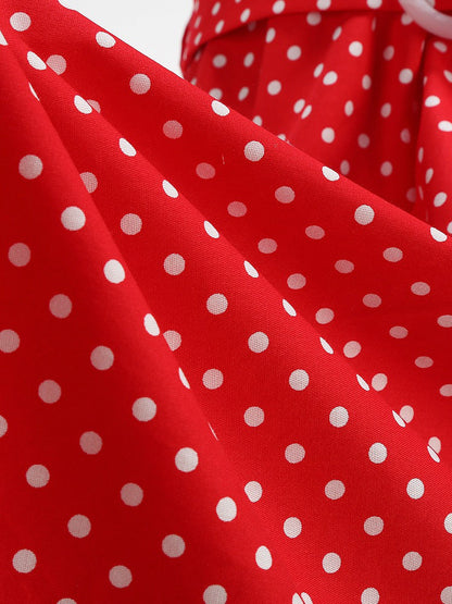 Polka Dots Lapel Button Down Belted Midi Swing Dress