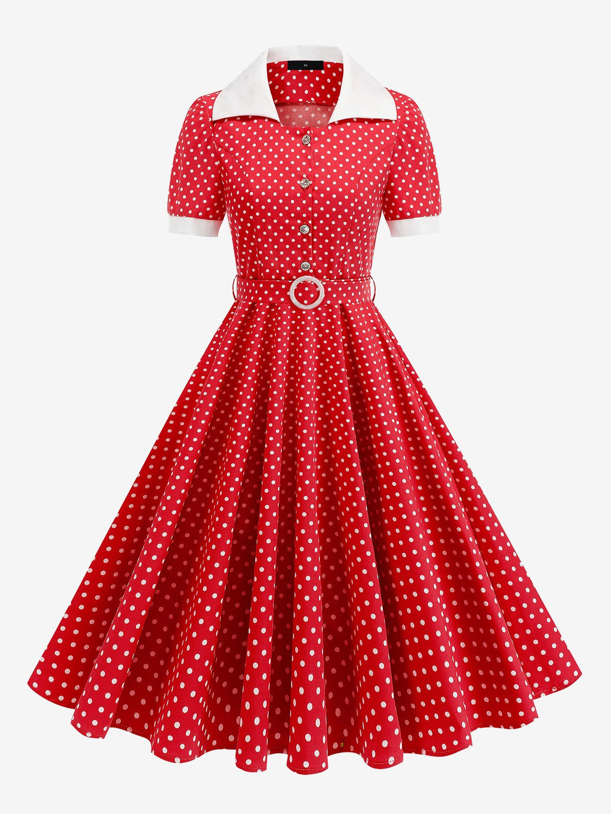 Polka Dots Lapel Button Down Belted Midi Swing Dress