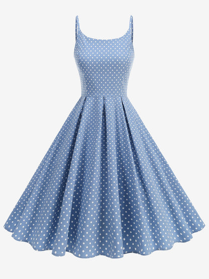 Retro Polka Dot Backless Spaghetti Strap Midi Swing Dress