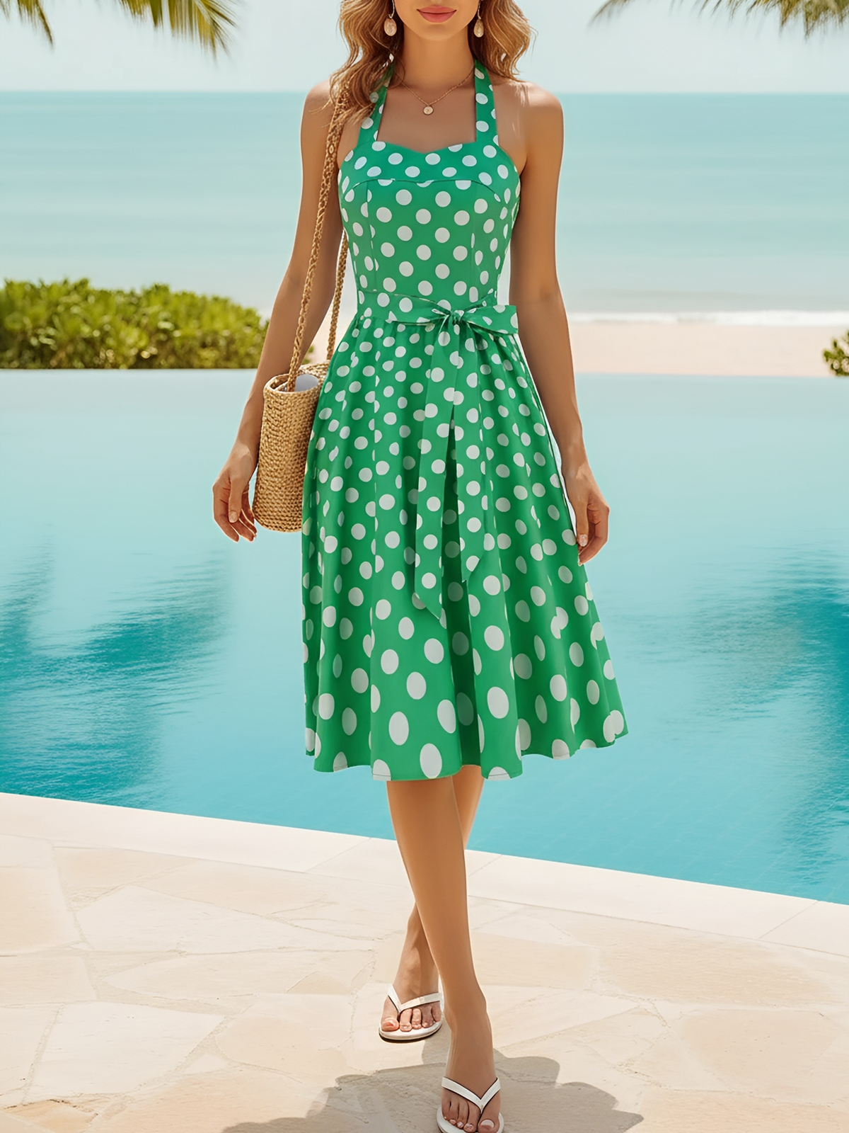 Vintage Polka Dot Lace-Up Halter Neck A-Line Dress