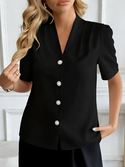Pleated Puff Sleeves Button Down Work Blouse