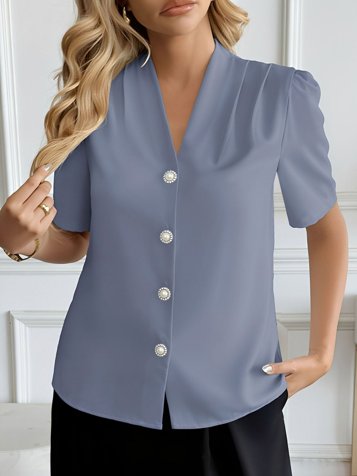 Pleated Puff Sleeves Button Down Work Blouse
