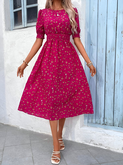 Floral Puff Sleeves Smocked Waist A-Line Midi Dress