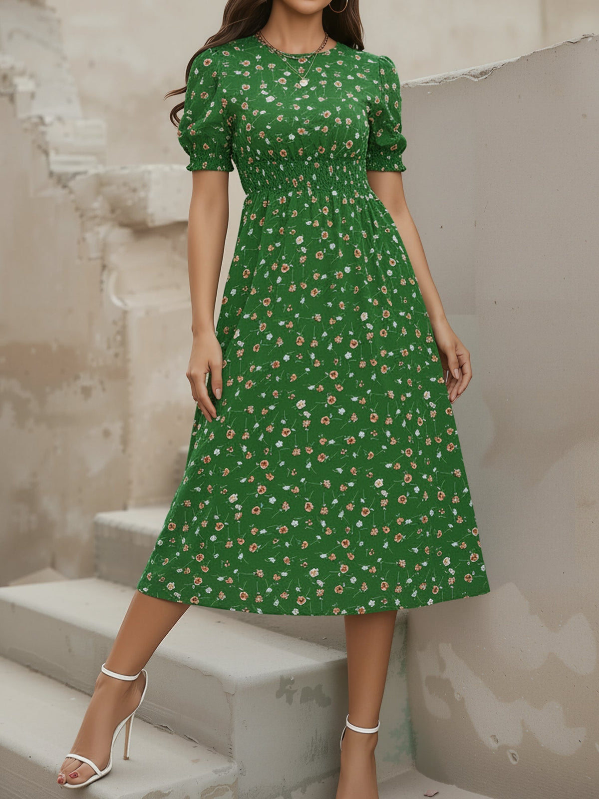 Floral Puff Sleeves Smocked Waist A-Line Midi Dress