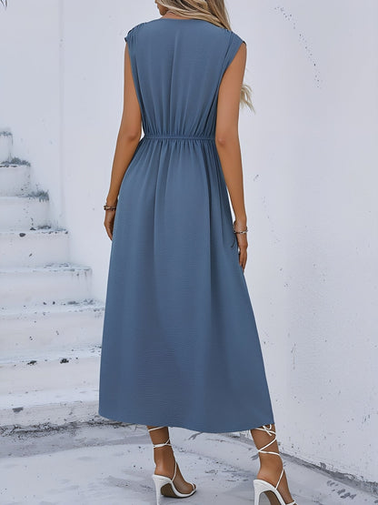 Round Neck Sleeveless Ruched Tie Front Midi Dress