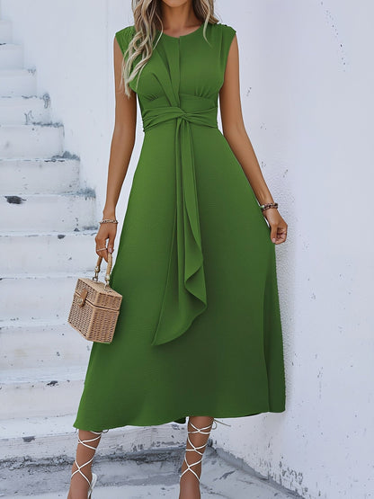 Round Neck Sleeveless Ruched Tie Front Midi Dress