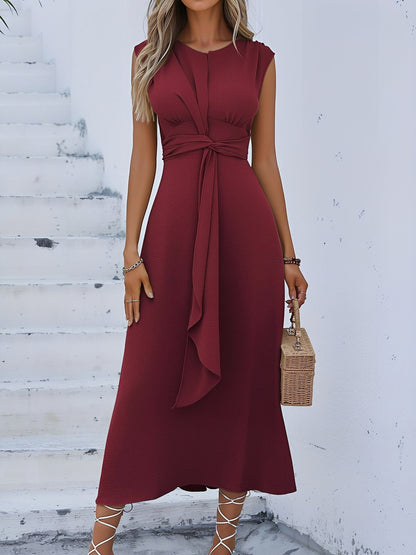 Round Neck Sleeveless Ruched Tie Front Midi Dress