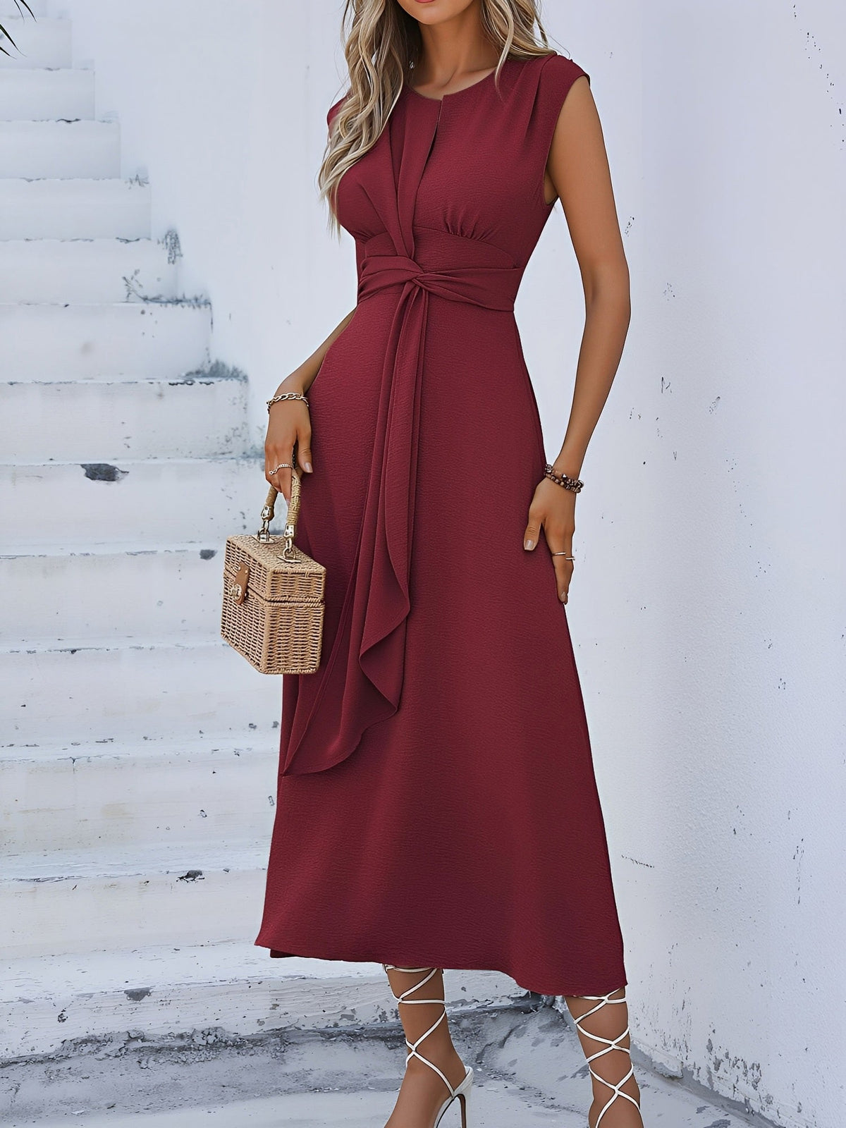 Round Neck Sleeveless Ruched Tie Front Midi Dress