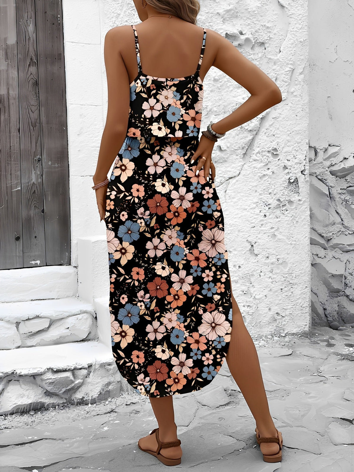 Printed Spaghetti Strap Slit Midi Dress