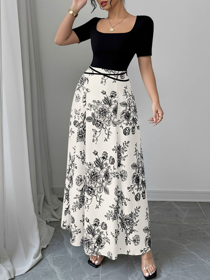 Floral Short Sleeve Square Neck Patchwork Midi Dress