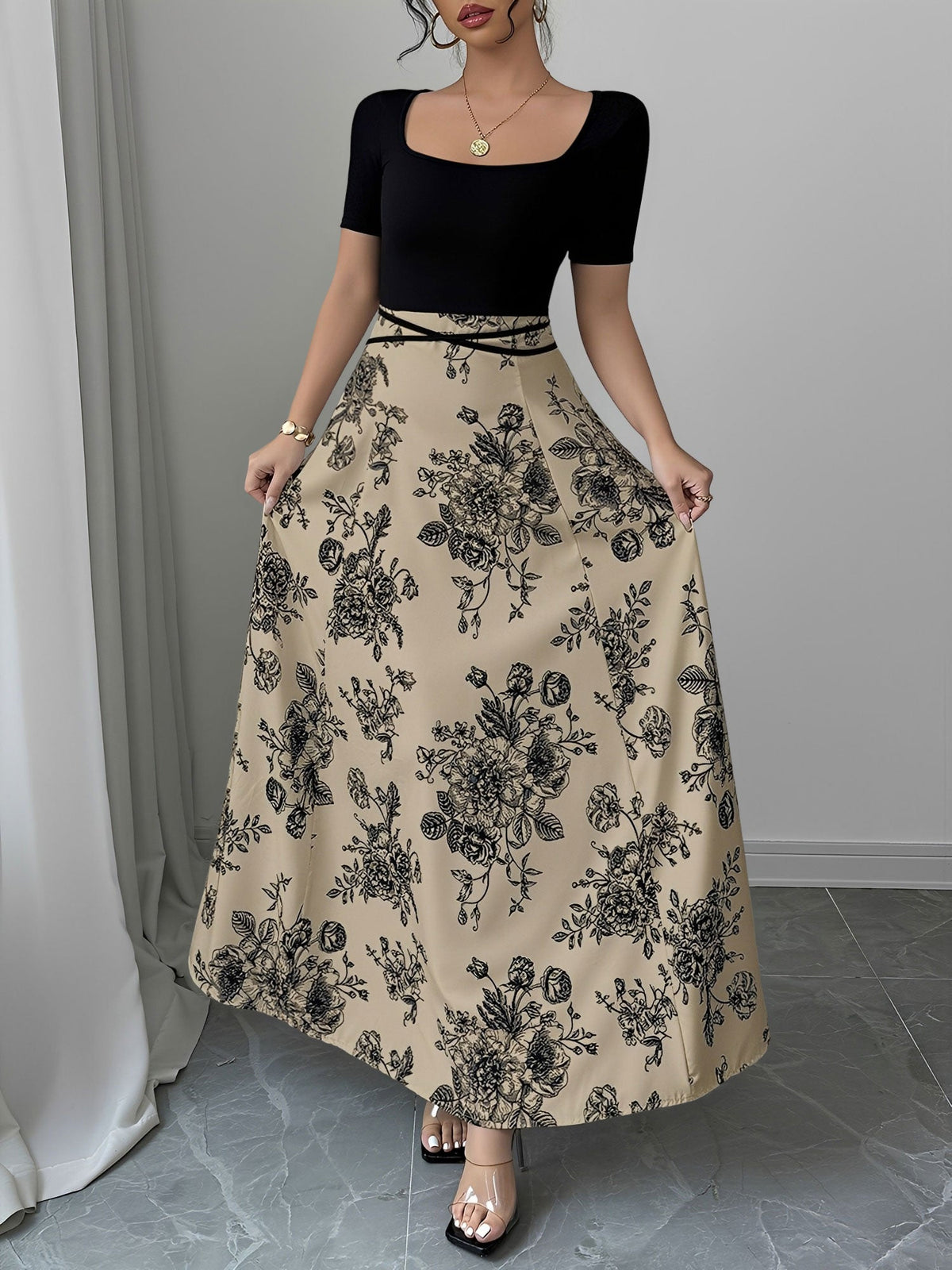 Floral Short Sleeve Square Neck Patchwork Midi Dress