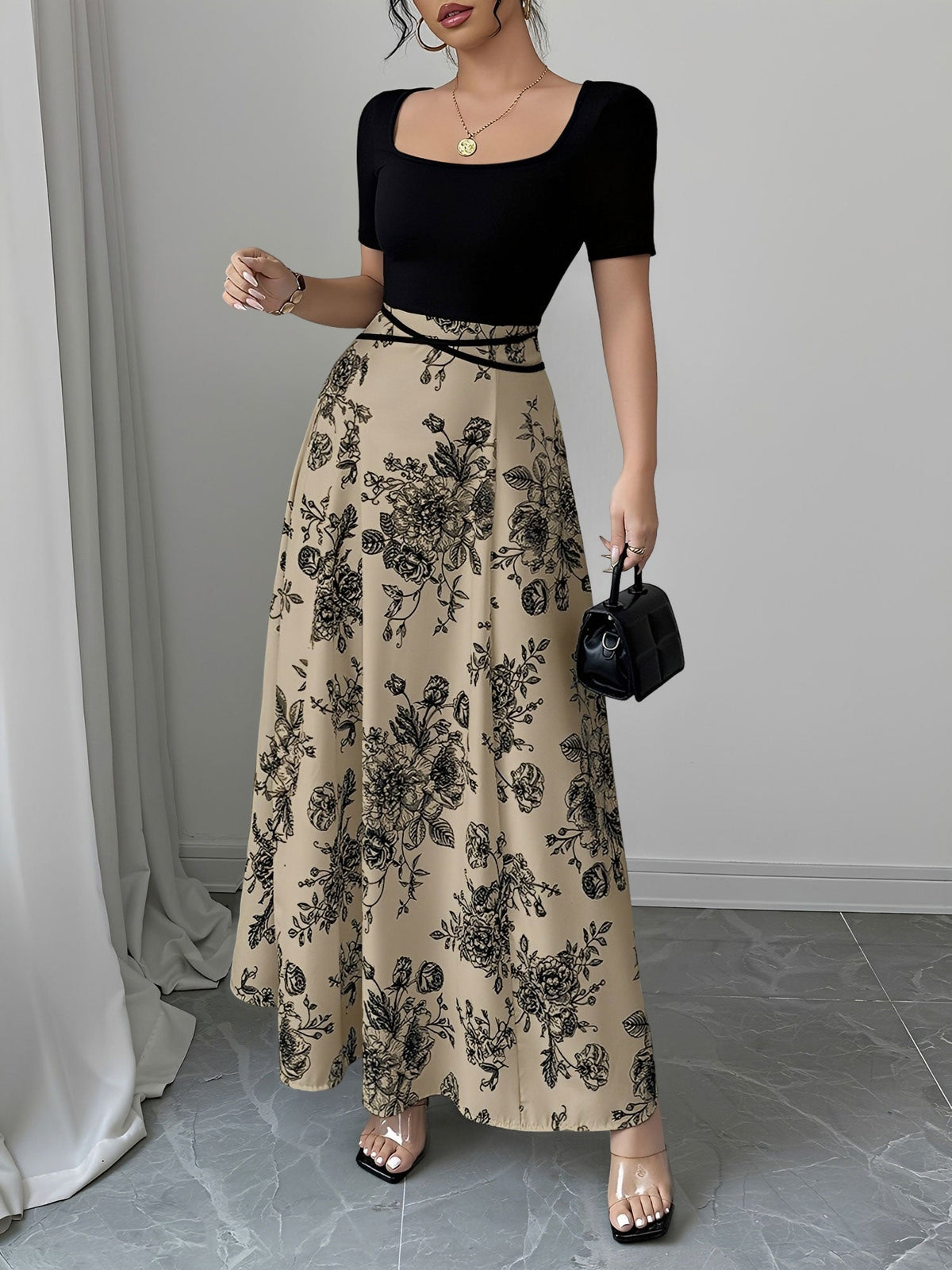 Floral Short Sleeve Square Neck Patchwork Midi Dress