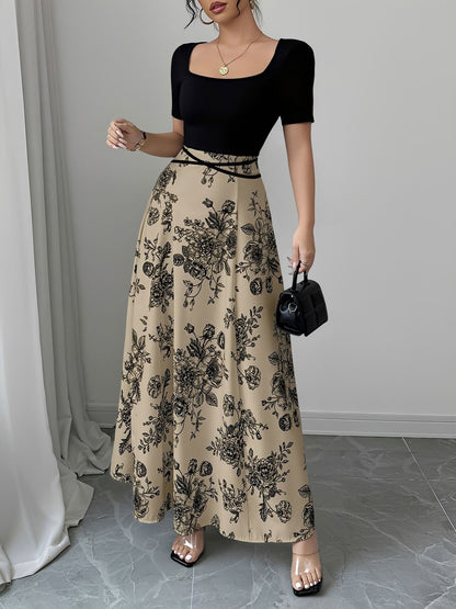 Floral Short Sleeve Square Neck Patchwork Midi Dress