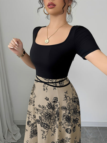 Floral Short Sleeve Square Neck Patchwork Midi Dress