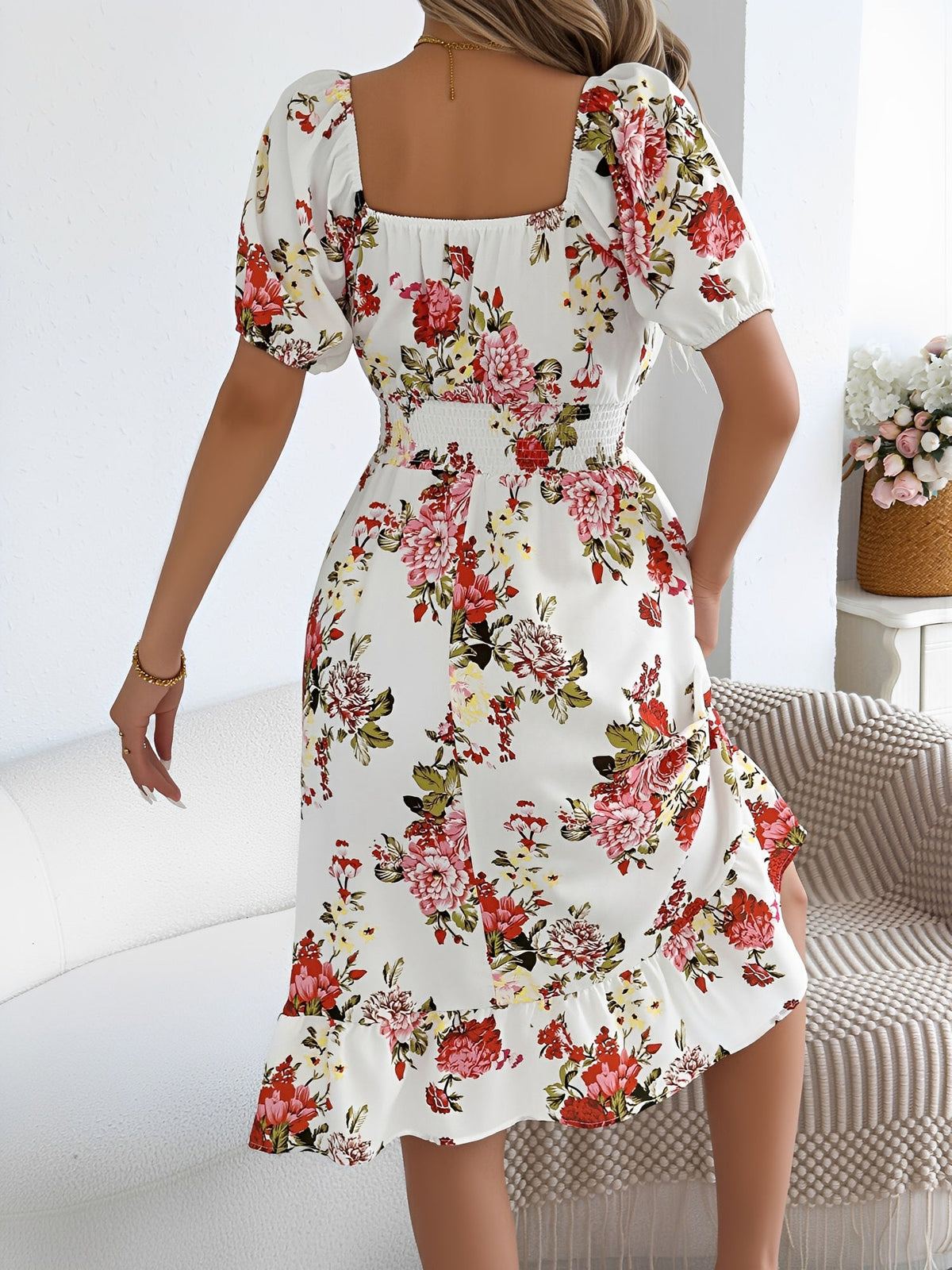 Floral Off-the-Shoulder Puff Sleeve Ruffled A-Line Dress