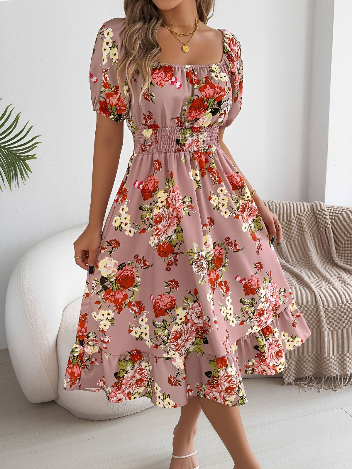 Floral Off-the-Shoulder Puff Sleeve Ruffled A-Line Dress