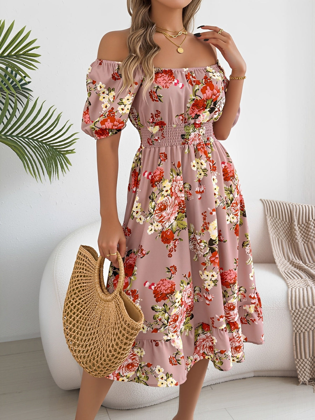 Floral Off-the-Shoulder Puff Sleeve Ruffled A-Line Dress