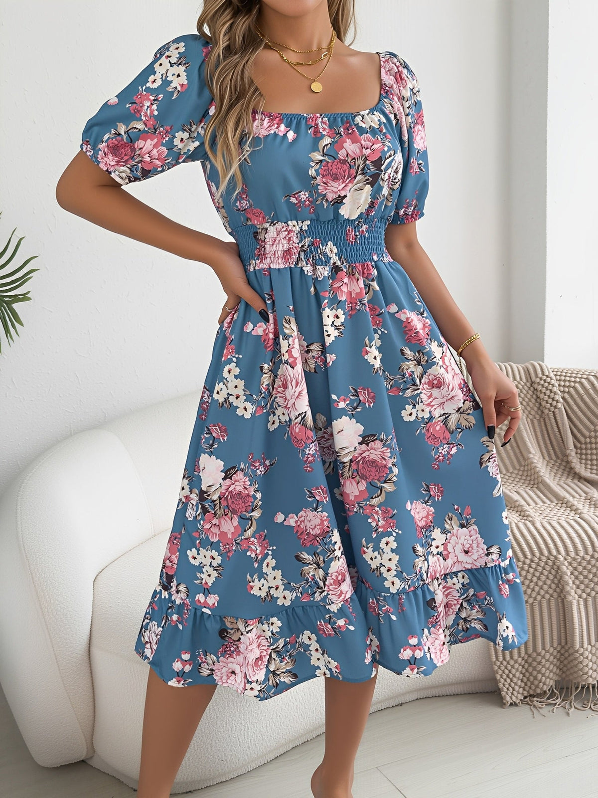 Floral Off-the-Shoulder Puff Sleeve Ruffled A-Line Dress