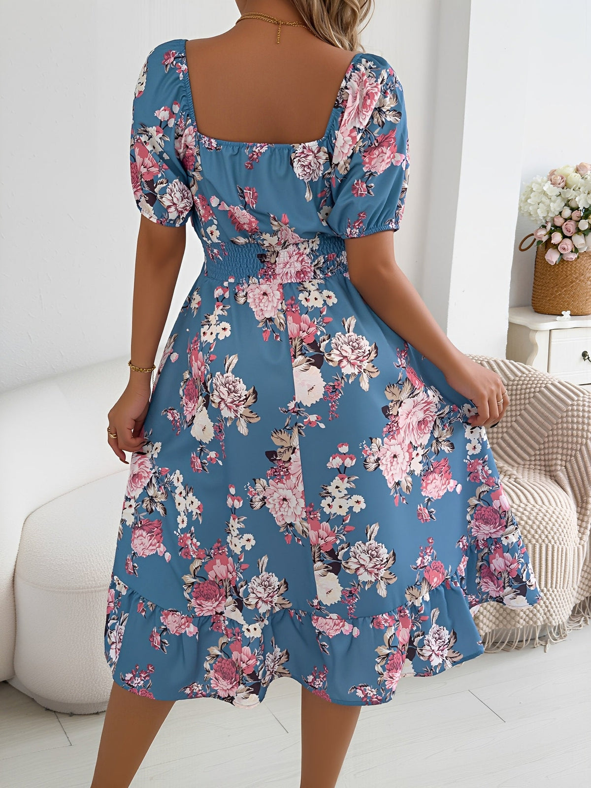 Floral Off-the-Shoulder Puff Sleeve Ruffled A-Line Dress