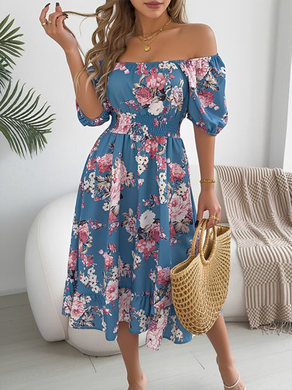 Floral Off-the-Shoulder Puff Sleeve Ruffled A-Line Dress