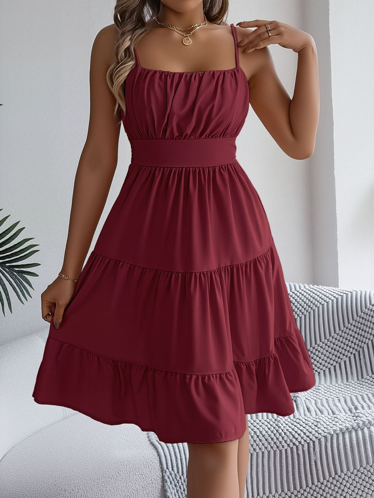 Spaghetti Strap Sleeveless Tiered A-Line Dress