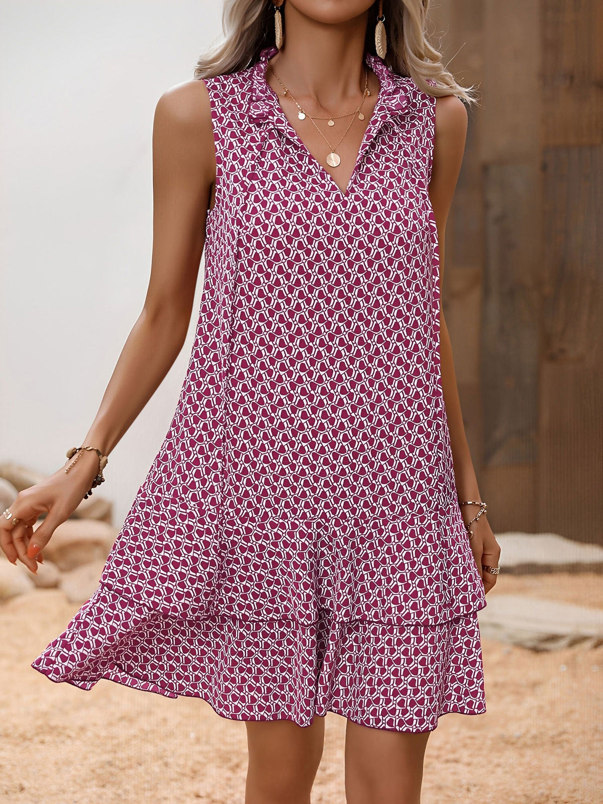 Printed Bow-Tie Layered Above Knee Length Dress