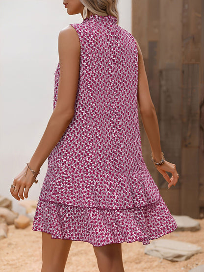 Printed Bow-Tie Layered Above Knee Length Dress