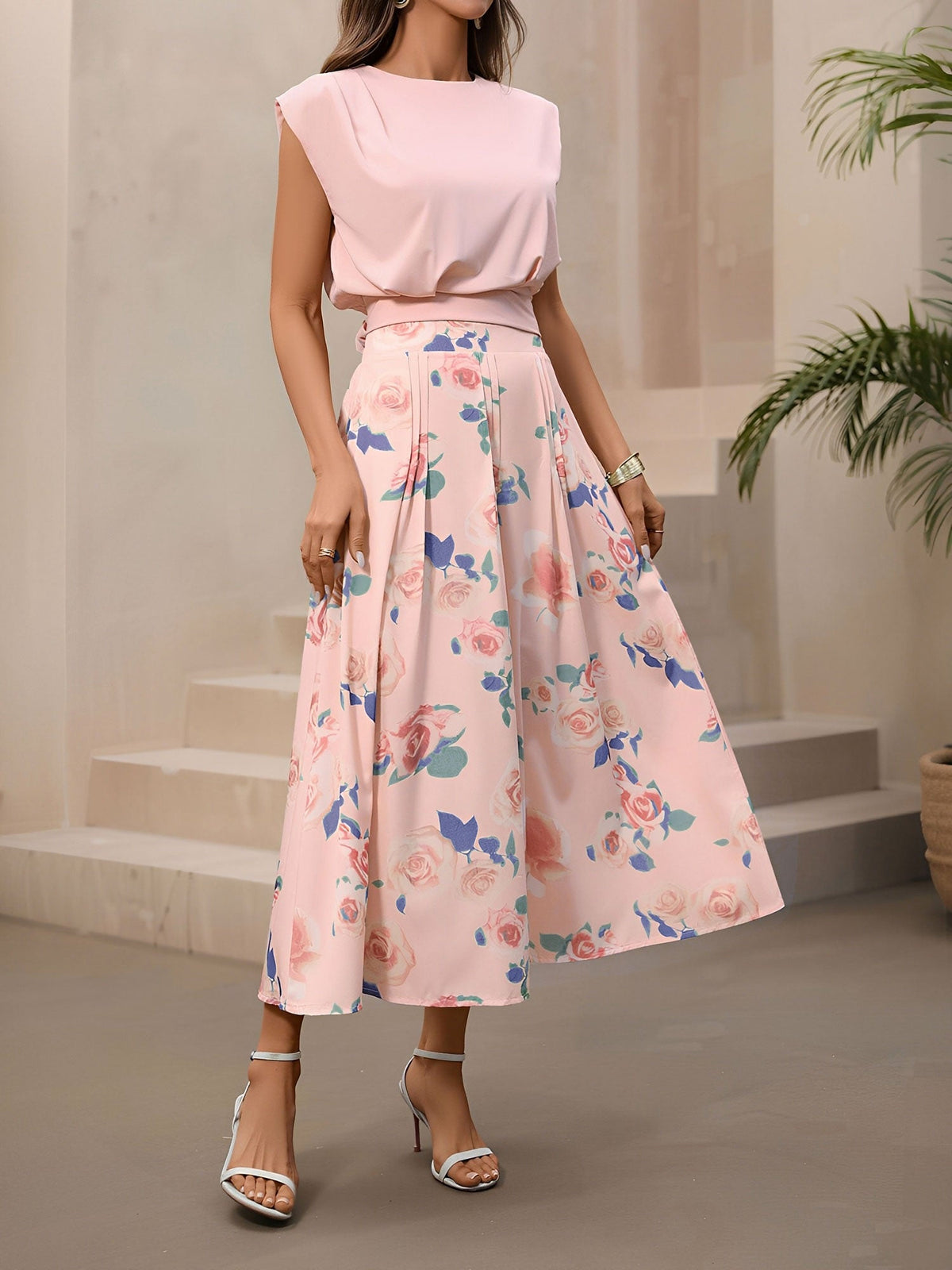 2 Pieces Cap Sleeves Cropped Top & Floral Midi Dress Matching Set
