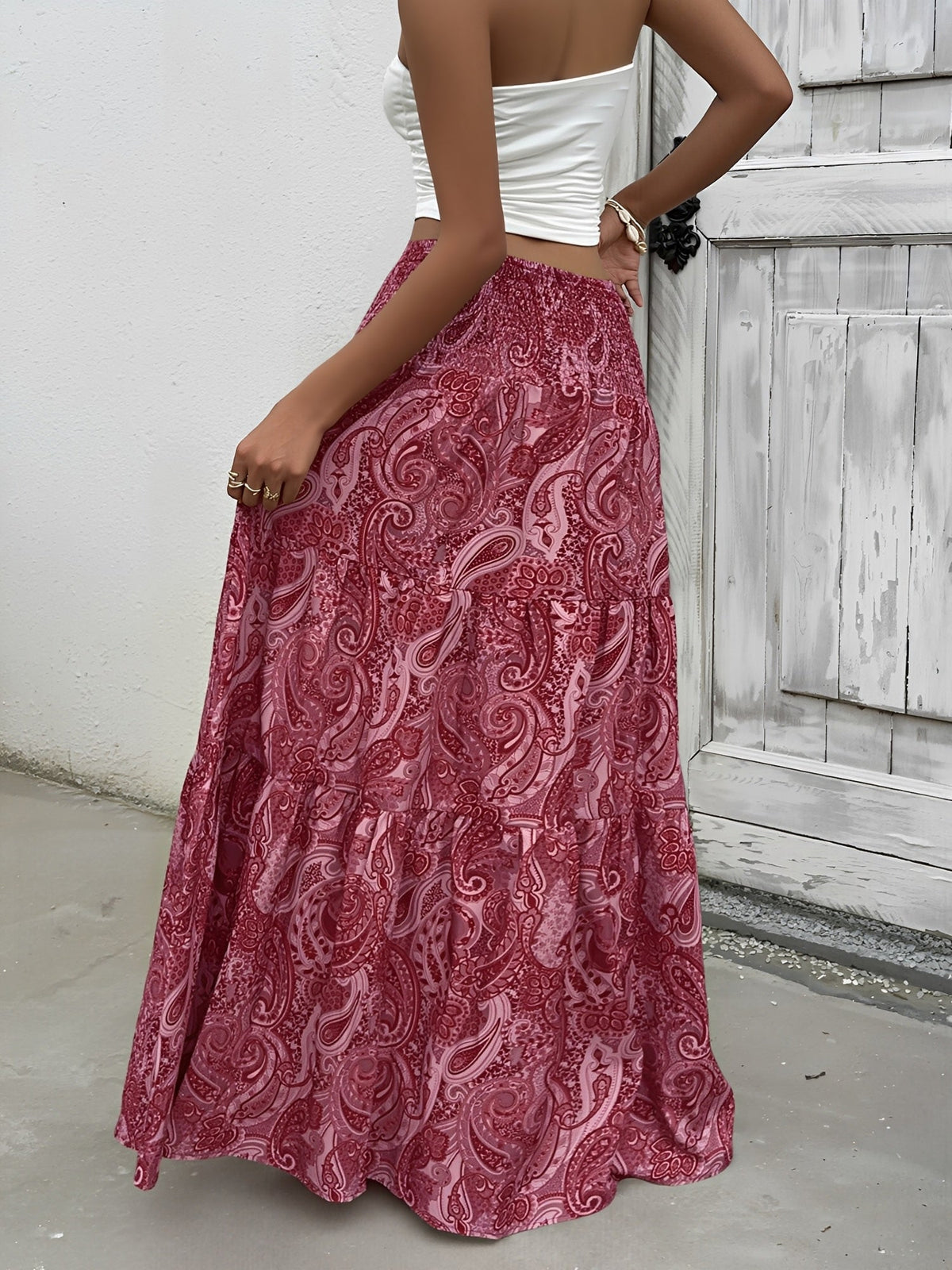 Boho Paisley Smocked Tiered A-Line Skirt