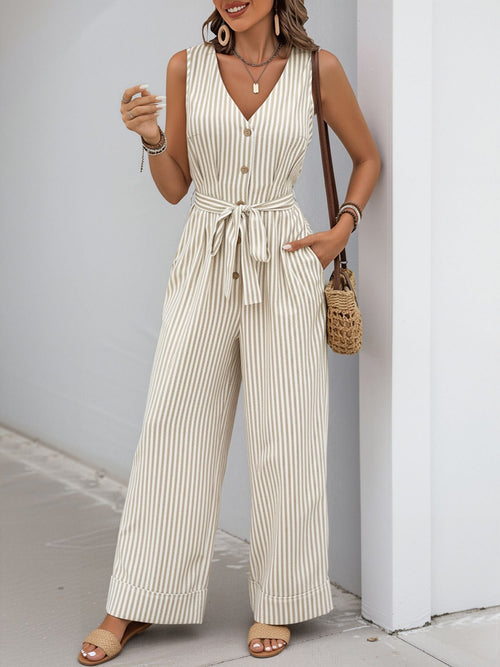 Casual Sleeveless Striped Tie Waist Wide Legs Jumpsuit