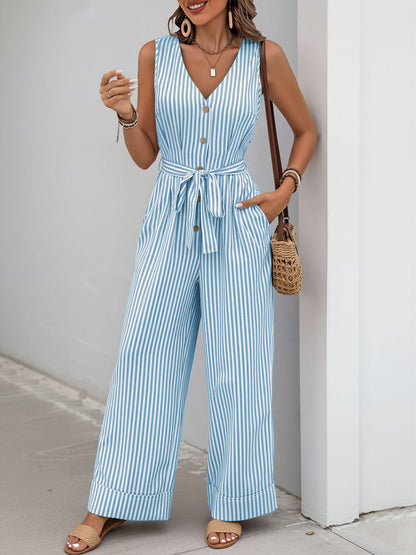Casual Sleeveless Striped Tie Waist Wide Legs Jumpsuit