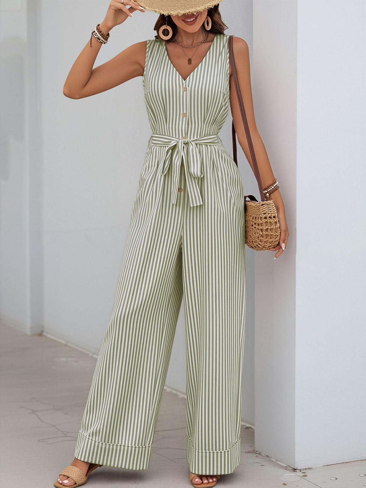 Casual Sleeveless Striped Tie Waist Wide Legs Jumpsuit