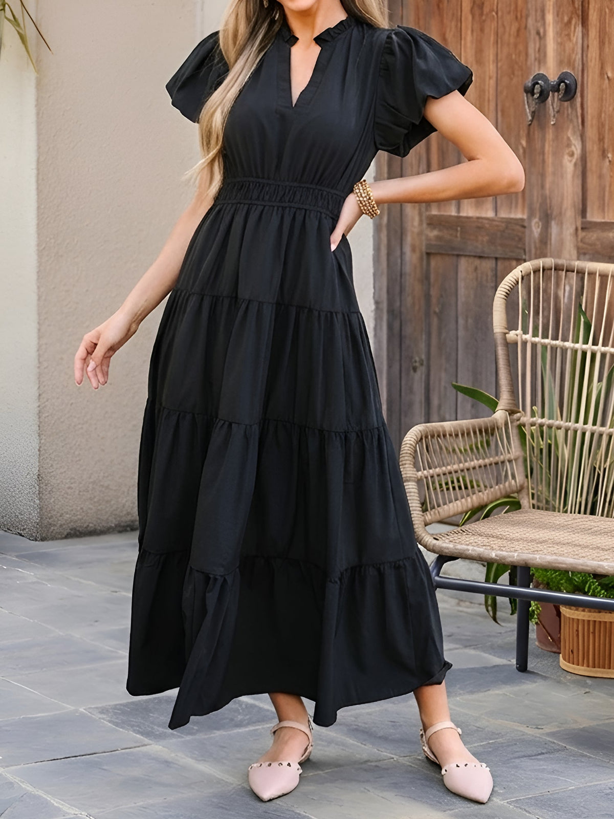 Notch Neck Puff Sleeve Tiered Maxi Dress