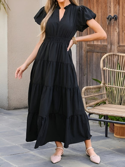 Notch Neck Puff Sleeve Tiered Maxi Dress