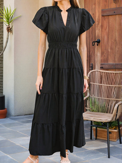 Notch Neck Puff Sleeve Tiered Maxi Dress