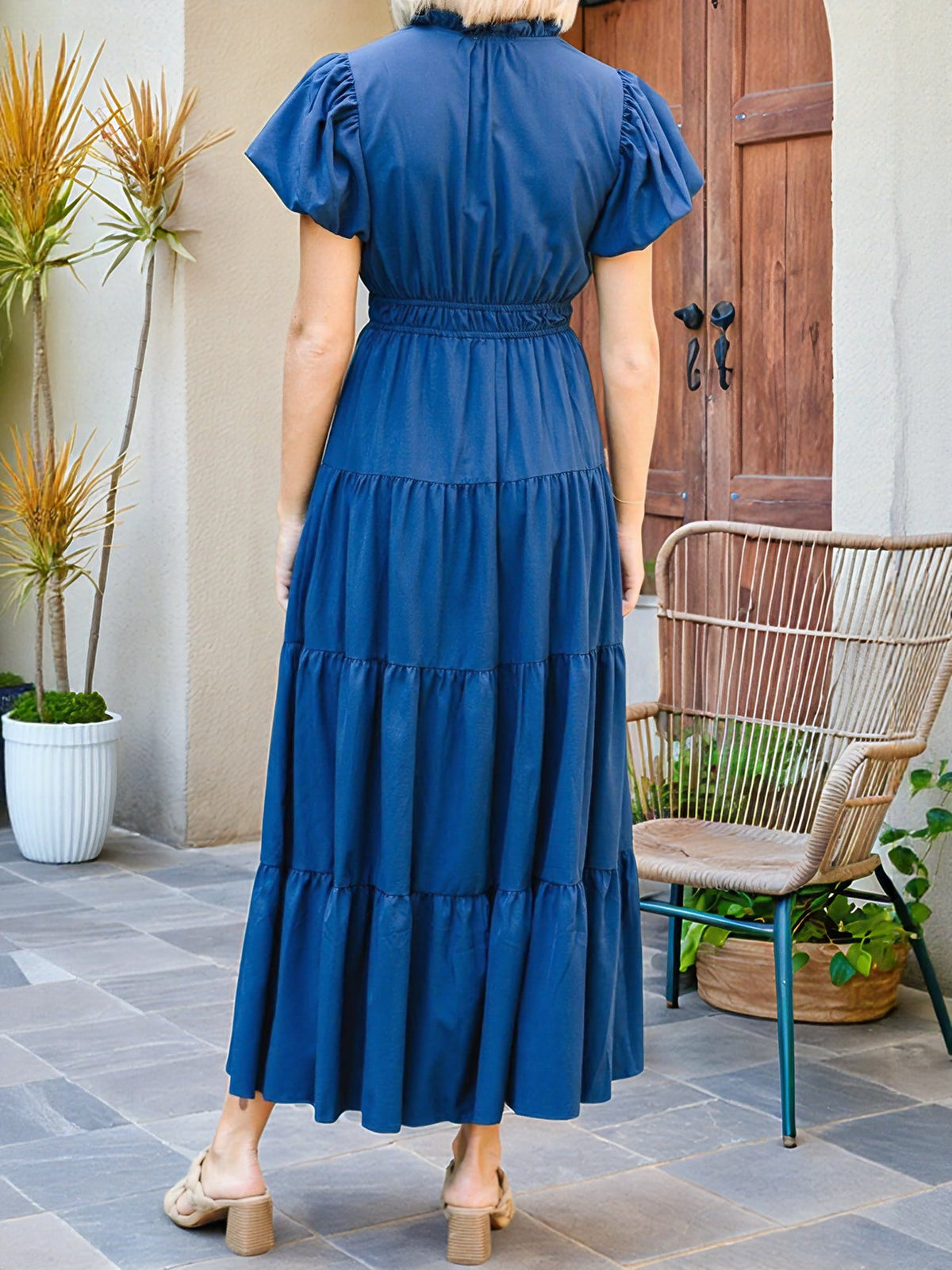 Notch Neck Puff Sleeve Tiered Maxi Dress