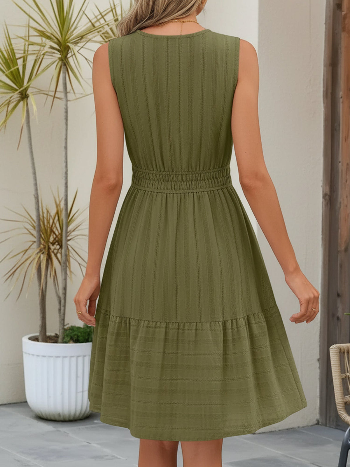 Cotton Notch Neck Sleeveless Smocked Above Knee Length A-Line Dress