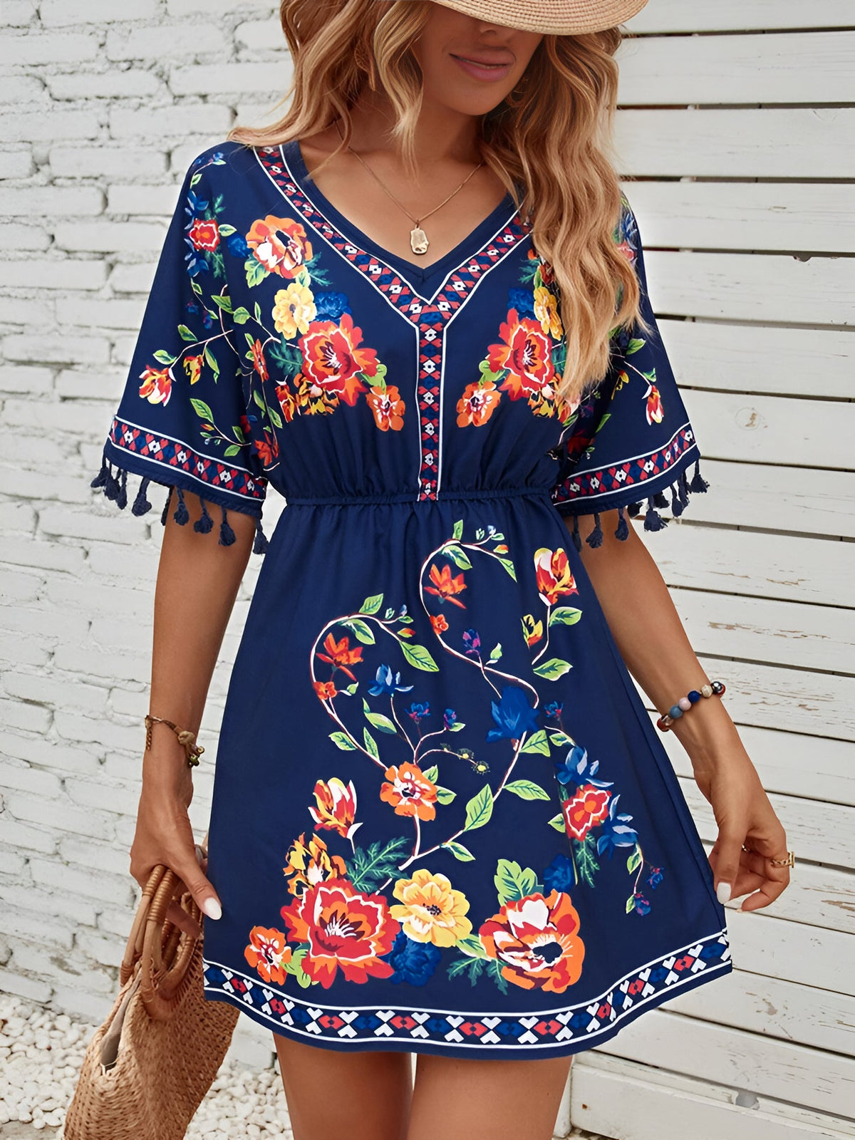 Floral V Neck Batwing Sleeves Tasseled Dress