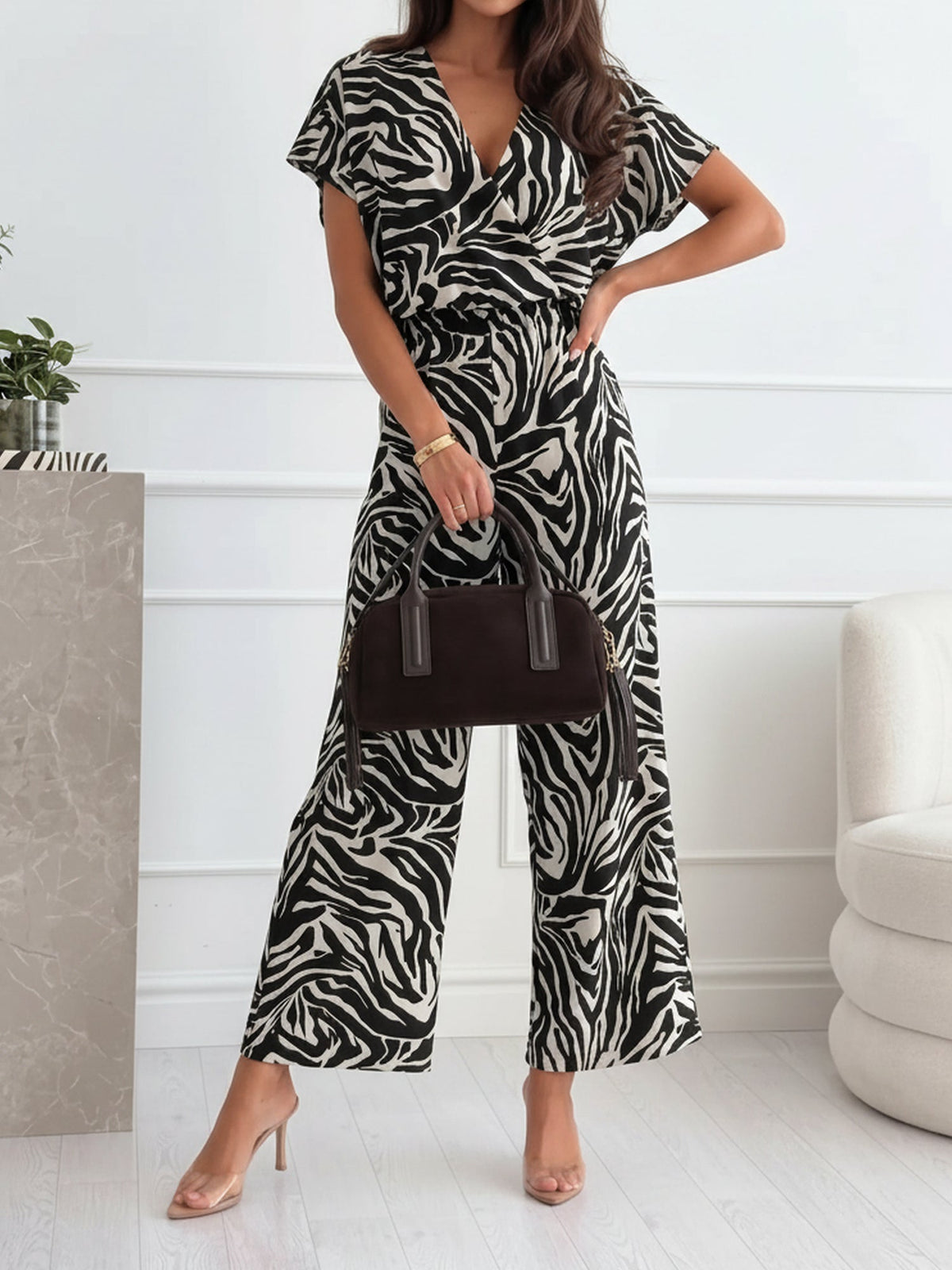 V Neck Leopard Print Pockets Straight Leg Jumpsuits