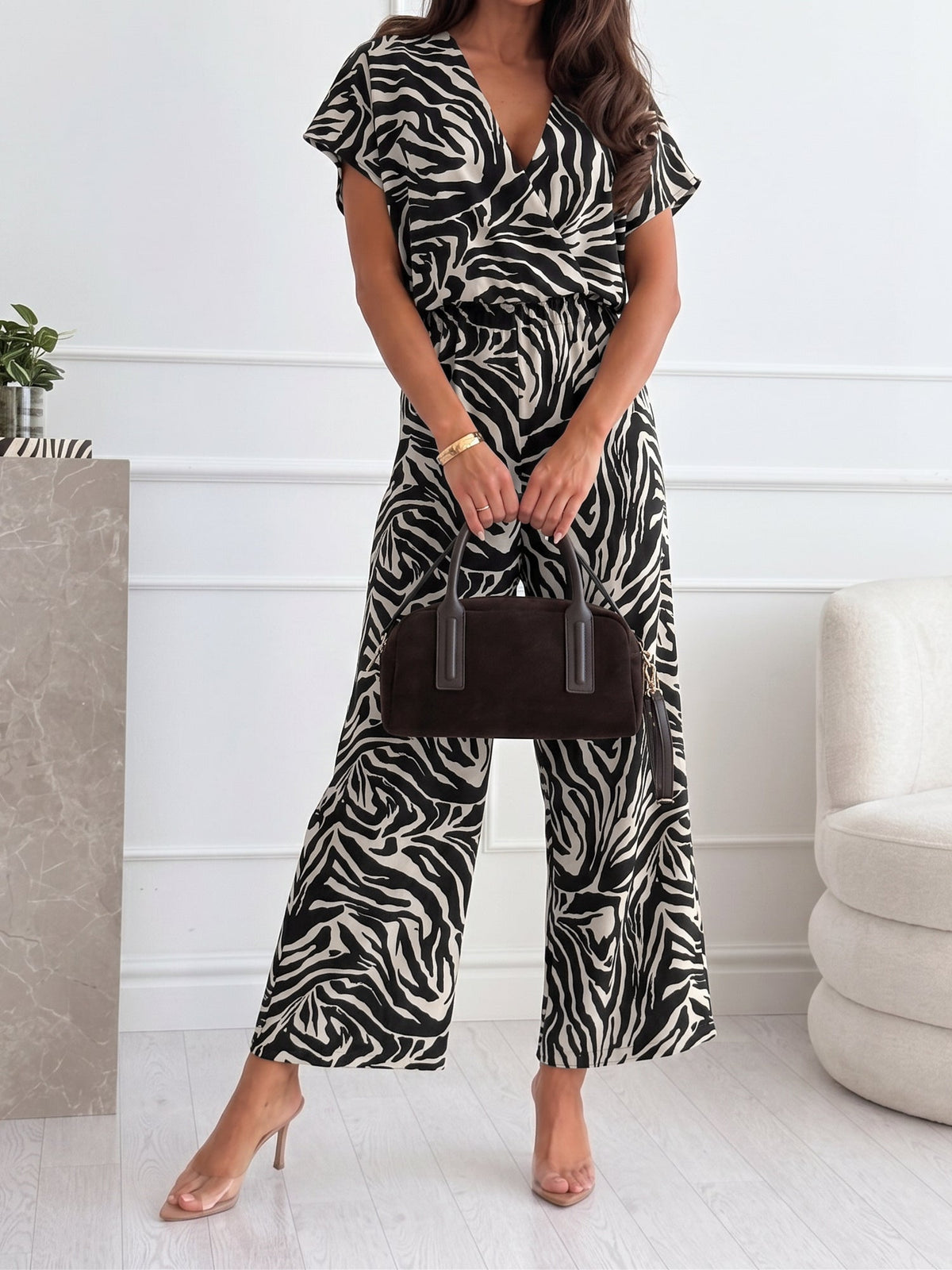 V Neck Leopard Print Pockets Straight Leg Jumpsuits