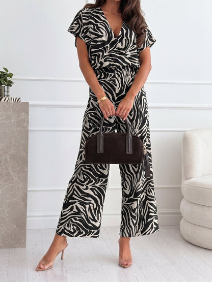 V Neck Leopard Print Pockets Straight Leg Jumpsuits