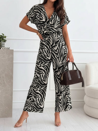 V Neck Leopard Print Pockets Straight Leg Jumpsuits