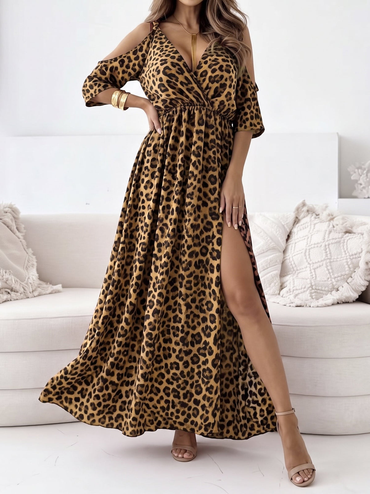 Leopard Print 3/4 Sleeves Cold Shoulder Slit Maxi Dress