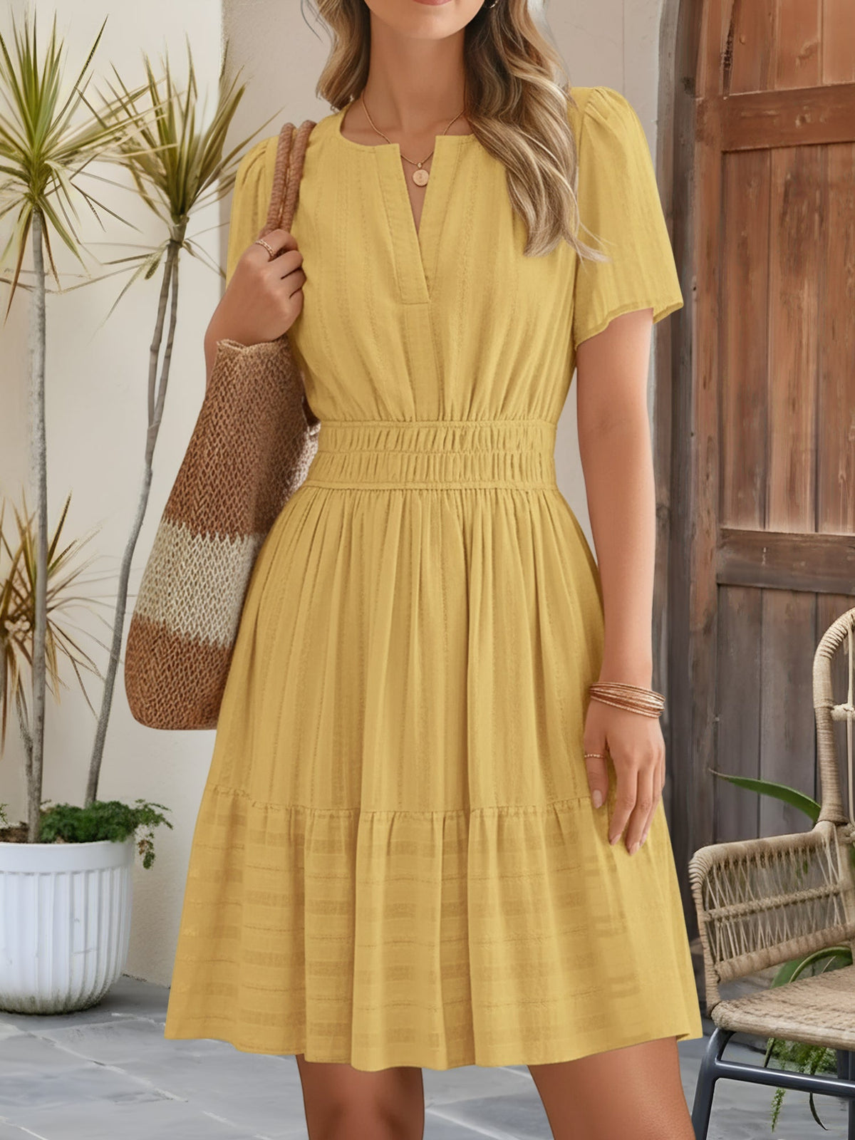 100% Cotton Notch Neck Puff Sleeve A-Line Tiered Dress
